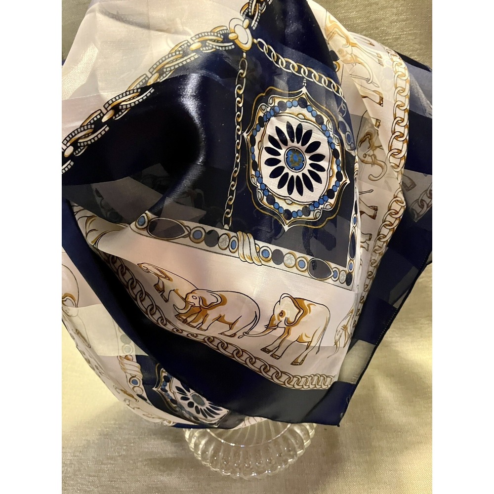 Navy Blue White Elephant Chain Print Square Chiffon Scarf Sheer Stripe No Tag